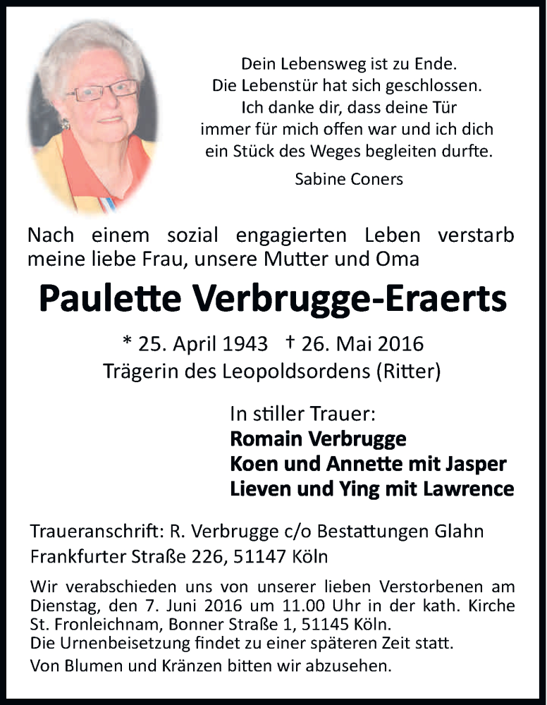  Traueranzeige für Paulette Verbrugge-Eraerts vom 01.06.2016 aus Kölner Stadt-Anzeiger / Kölnische Rundschau / Express