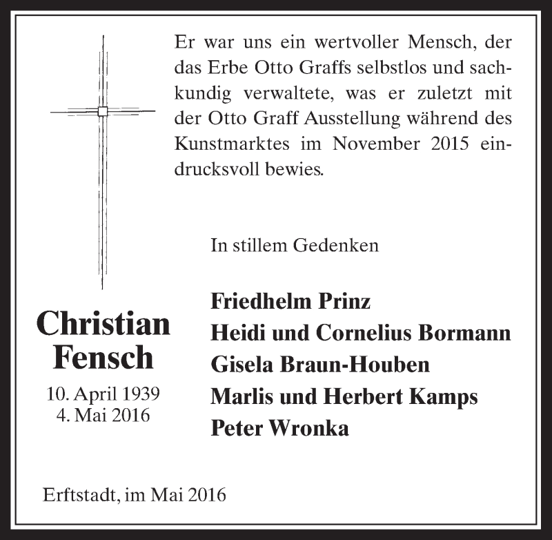  Traueranzeige für Christian Fensch vom 25.05.2016 aus  Werbepost 