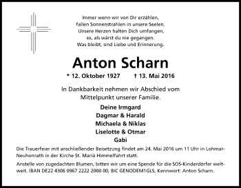 Anzeige von Anton Scharn von Kölner Stadt-Anzeiger / Kölnische Rundschau / Express