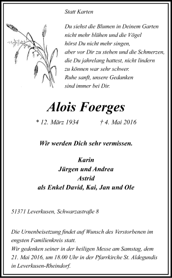 Anzeige von Alois Foerges von Kölner Stadt-Anzeiger / Kölnische Rundschau / Express