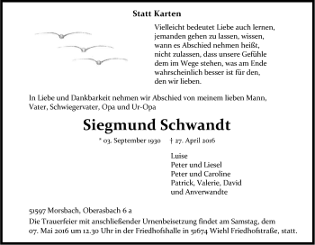 Anzeige von Siegmund Schwandt von Kölner Stadt-Anzeiger / Kölnische Rundschau / Express