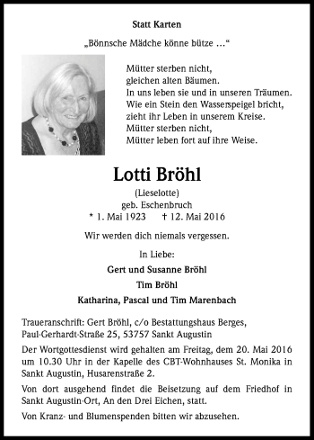 Anzeige von Lotti Bröhl von Kölner Stadt-Anzeiger / Kölnische Rundschau / Express