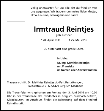 Anzeige von Irmtraud Reintjes von Kölner Stadt-Anzeiger / Kölnische Rundschau / Express