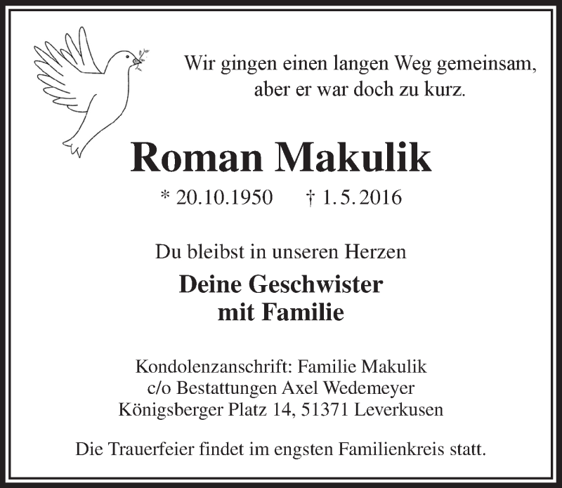  Traueranzeige für Roman Makulik vom 11.05.2016 aus  Bergisches Handelsblatt  Lokale Informationen 