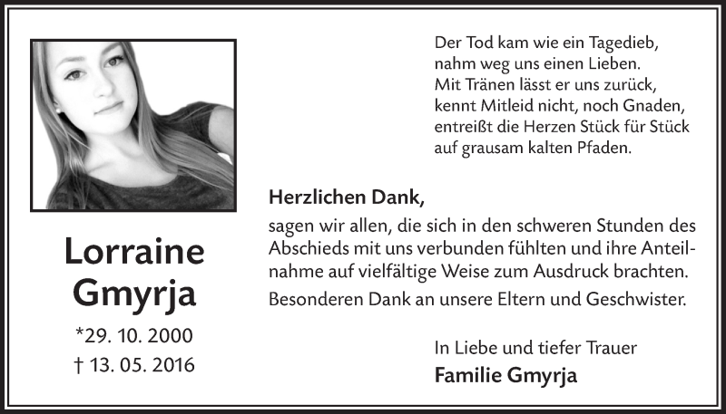  Traueranzeige für Lorraine Gmyrja vom 01.06.2016 aus  Lokalanzeiger 