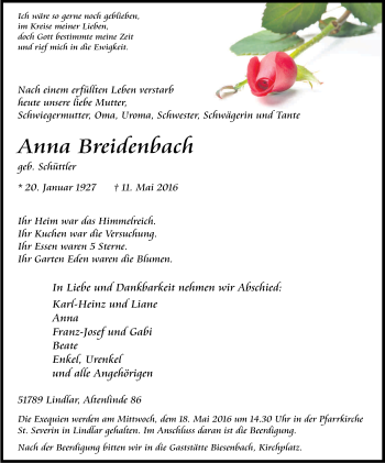 Anzeige von Anna Breidenbach von Kölner Stadt-Anzeiger / Kölnische Rundschau / Express