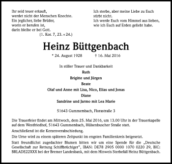 Anzeige von Heinz Büttgenbach von Kölner Stadt-Anzeiger / Kölnische Rundschau / Express