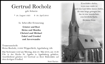 Anzeige von Gertrud Rocholz von Kölner Stadt-Anzeiger / Kölnische Rundschau / Express