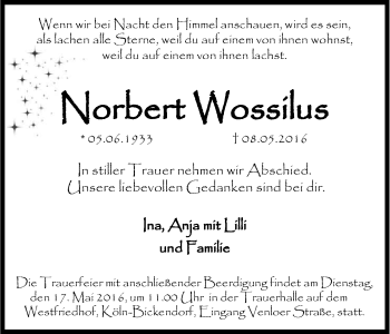 Anzeige von Norbert Wossilus von Kölner Stadt-Anzeiger / Kölnische Rundschau / Express