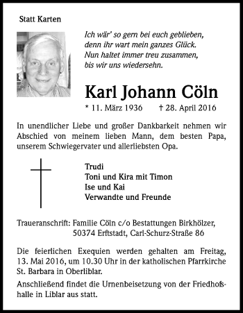 Anzeige von Karl Johann Cöln von Kölner Stadt-Anzeiger / Kölnische Rundschau / Express