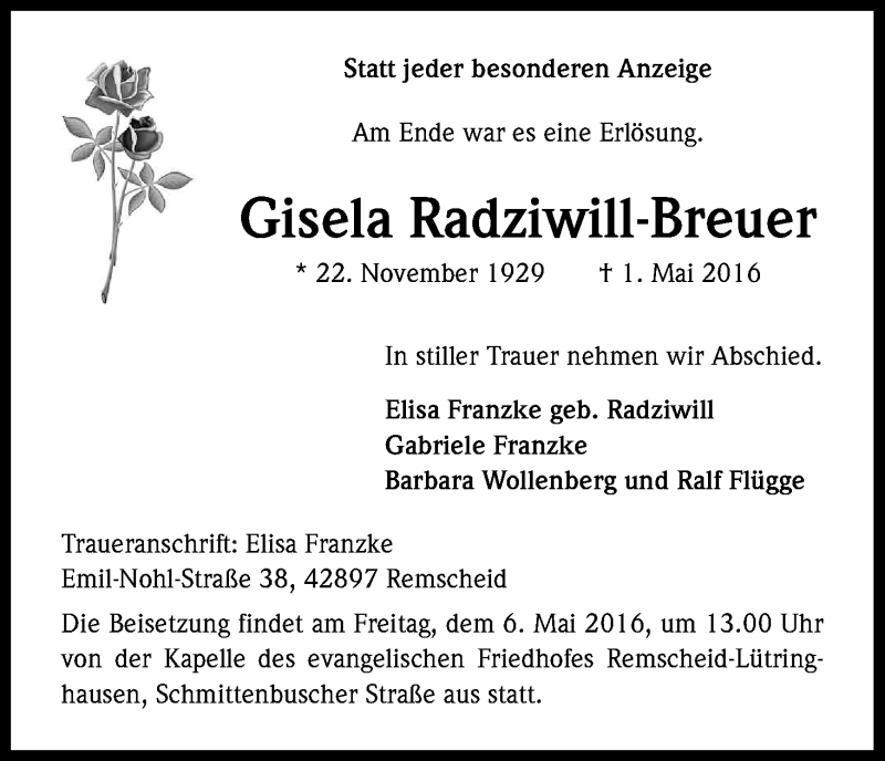  Traueranzeige für Gisela Radziwill-Breuer vom 04.05.2016 aus Kölner Stadt-Anzeiger / Kölnische Rundschau / Express