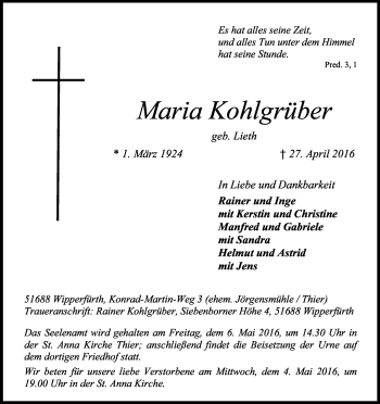 Anzeige von Maria Kohlgrüber von Kölner Stadt-Anzeiger / Kölnische Rundschau / Express