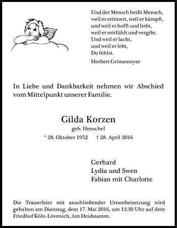 Anzeige von Gilda Korzen von Kölner Stadt-Anzeiger / Kölnische Rundschau / Express