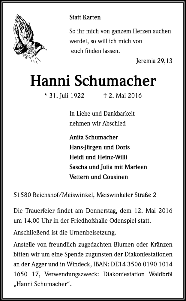  Traueranzeige für Hanni Schumacher vom 07.05.2016 aus Kölner Stadt-Anzeiger / Kölnische Rundschau / Express