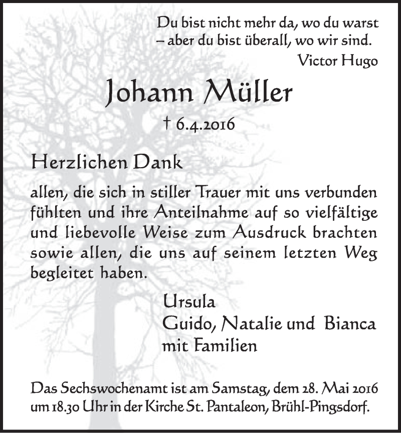 Traueranzeige für Johann Müller vom 11.05.2016 aus  Schlossbote/Werbekurier 