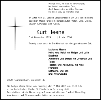 Anzeige von Kurt Heene von Kölner Stadt-Anzeiger / Kölnische Rundschau / Express