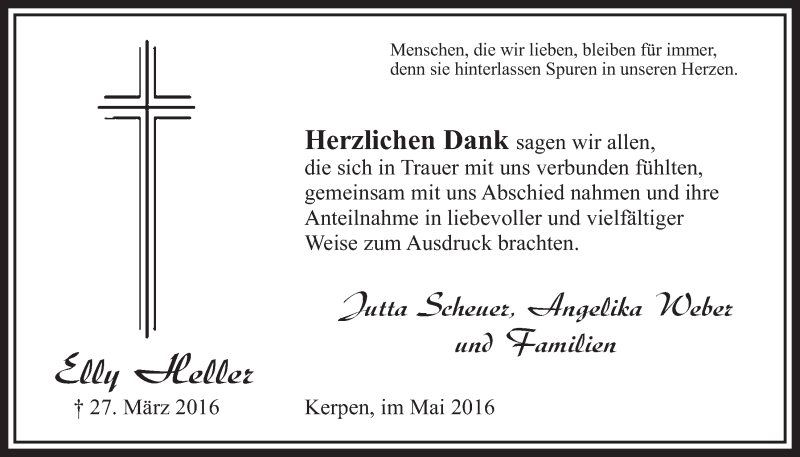  Traueranzeige für Elly Heller vom 07.05.2016 aus  Sonntags-Post 