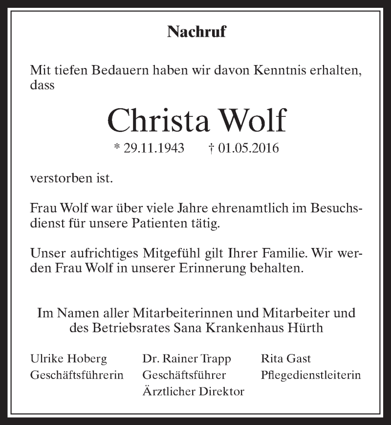  Traueranzeige für Christa Wolf vom 18.05.2016 aus  Wochenende 