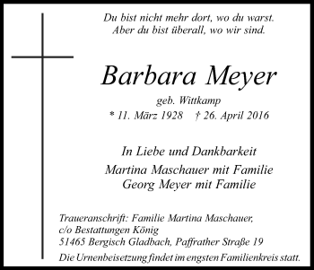 Anzeige von Barbara Meyer von Kölner Stadt-Anzeiger / Kölnische Rundschau / Express