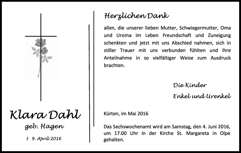  Traueranzeige für Klara Dahl vom 28.05.2016 aus Kölner Stadt-Anzeiger / Kölnische Rundschau / Express