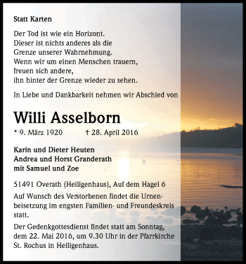 Anzeige von Willi Asselborn von Kölner Stadt-Anzeiger / Kölnische Rundschau / Express