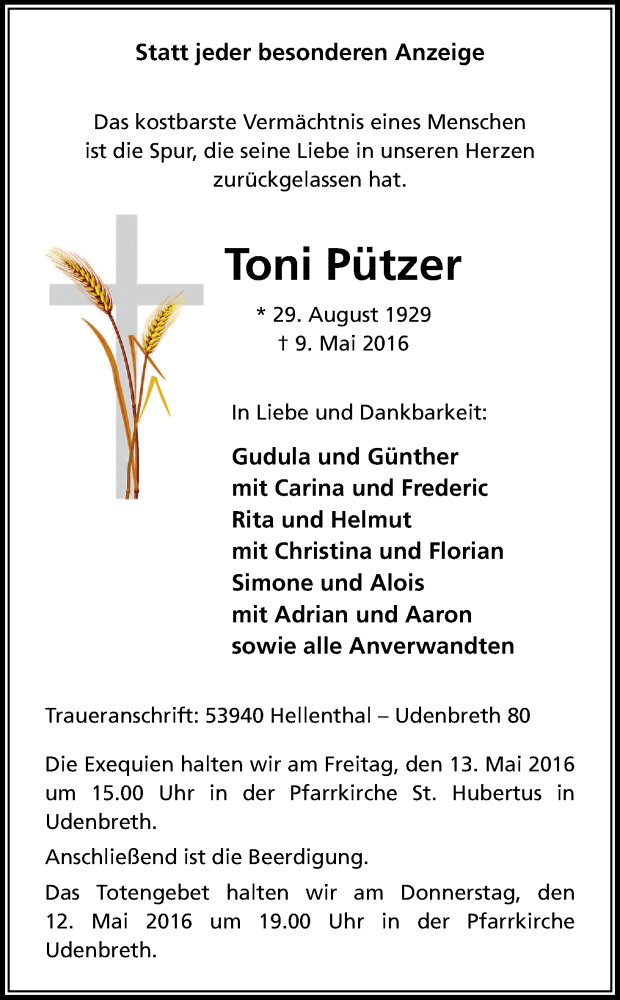  Traueranzeige für Toni Pützer vom 11.05.2016 aus Kölner Stadt-Anzeiger / Kölnische Rundschau / Express