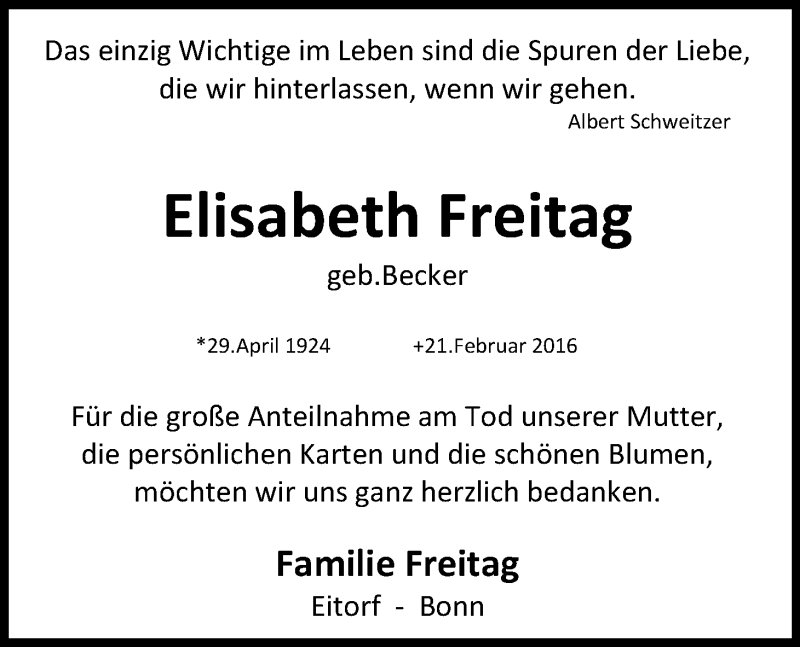  Traueranzeige für Elisabeth Freitag vom 14.05.2016 aus Kölner Stadt-Anzeiger / Kölnische Rundschau / Express