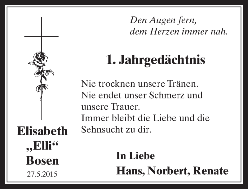  Traueranzeige für Elisabeth Bosen vom 07.05.2016 aus  Sonntags-Post 