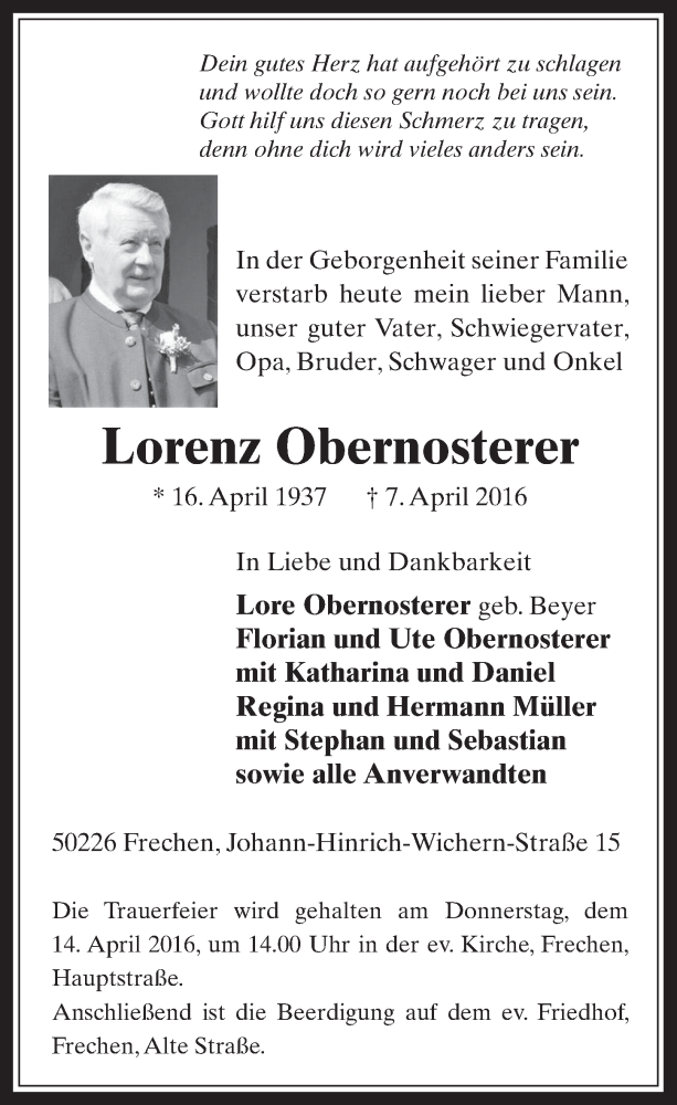  Traueranzeige für Lorenz Obernosterer vom 13.04.2016 aus  Wochenende 