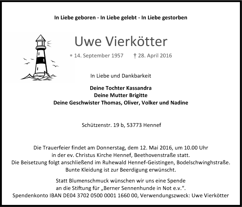  Traueranzeige für Uwe Vierkötter vom 07.05.2016 aus Kölner Stadt-Anzeiger / Kölnische Rundschau / Express
