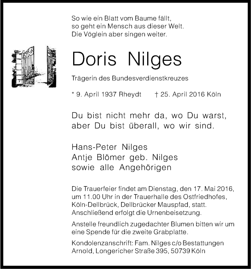  Traueranzeige für Doris Nilges vom 07.05.2016 aus Kölner Stadt-Anzeiger / Kölnische Rundschau / Express