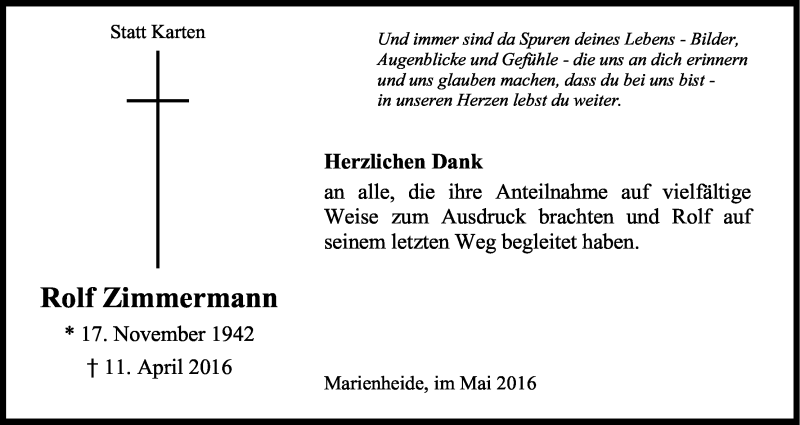  Traueranzeige für Rolf Zimmermann vom 28.05.2016 aus Kölner Stadt-Anzeiger / Kölnische Rundschau / Express