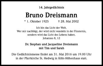 Anzeige von Bruno Dreismann von Kölner Stadt-Anzeiger / Kölnische Rundschau / Express
