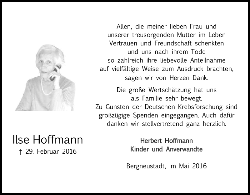  Traueranzeige für Ilse Hoffmann vom 30.04.2016 aus Kölner Stadt-Anzeiger / Kölnische Rundschau / Express