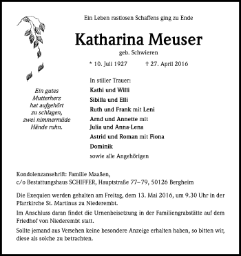 Anzeige von Katharina Meuser von Kölner Stadt-Anzeiger / Kölnische Rundschau / Express