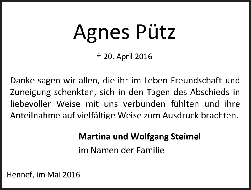  Traueranzeige für Agnes Pütz vom 18.05.2016 aus  Extra Blatt 
