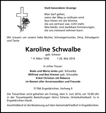 Anzeige von Karoline Schwalbe von Kölner Stadt-Anzeiger / Kölnische Rundschau / Express