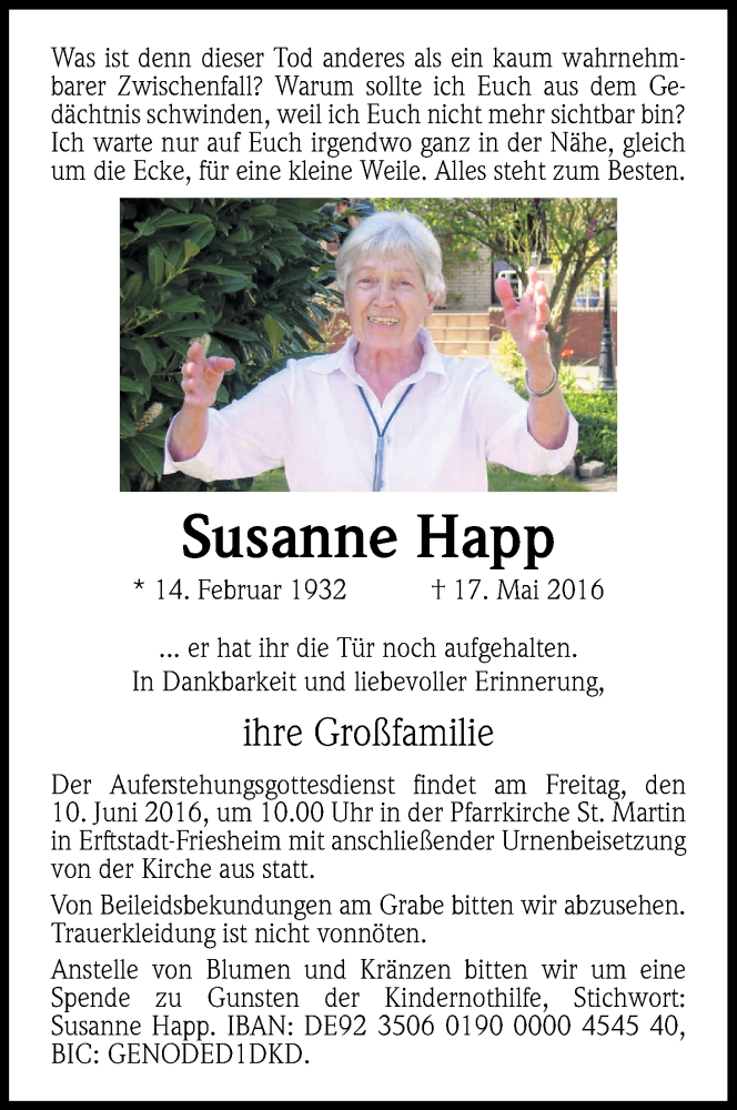  Traueranzeige für Susanne Happ vom 25.05.2016 aus Kölner Stadt-Anzeiger / Kölnische Rundschau / Express