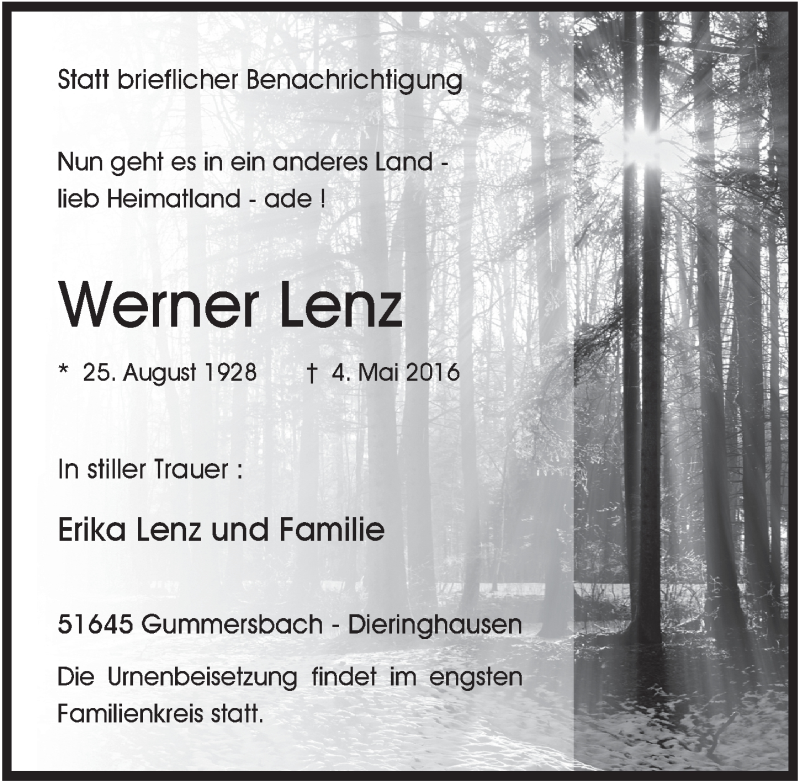  Traueranzeige für Werner Lenz vom 11.05.2016 aus  Anzeigen Echo 