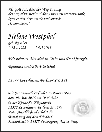 Anzeige von Helene Westphal von Kölner Stadt-Anzeiger / Kölnische Rundschau / Express