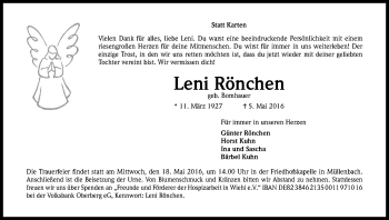 Anzeige von Leni Rönchen von Kölner Stadt-Anzeiger / Kölnische Rundschau / Express
