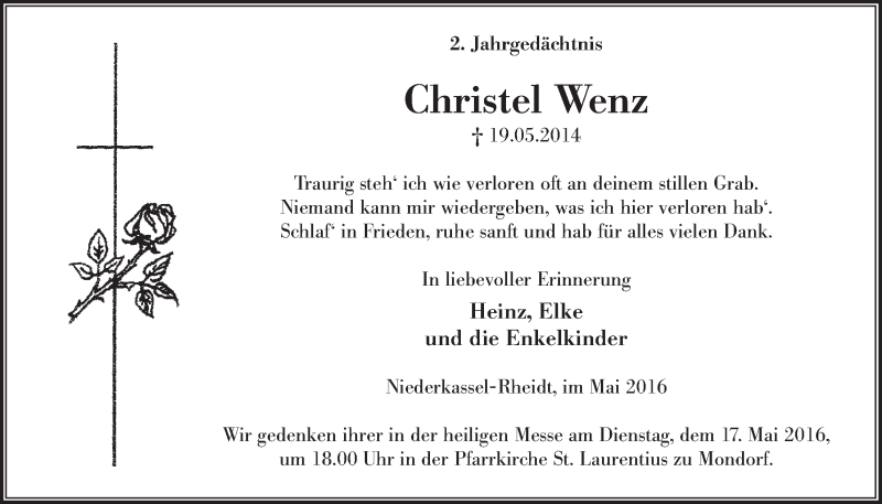  Traueranzeige für Christel Wenz vom 11.05.2016 aus  Extra Blatt 