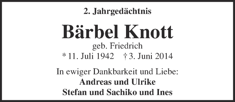  Traueranzeige für Bärbel Knott vom 01.06.2016 aus  Kölner Wochenspiegel 
