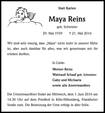 Anzeige von Maya Reins von Kölner Stadt-Anzeiger / Kölnische Rundschau / Express