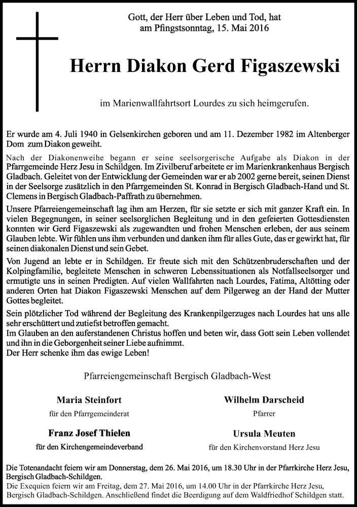  Traueranzeige für Diakon Gerd Figaszewski vom 24.05.2016 aus Kölner Stadt-Anzeiger / Kölnische Rundschau / Express