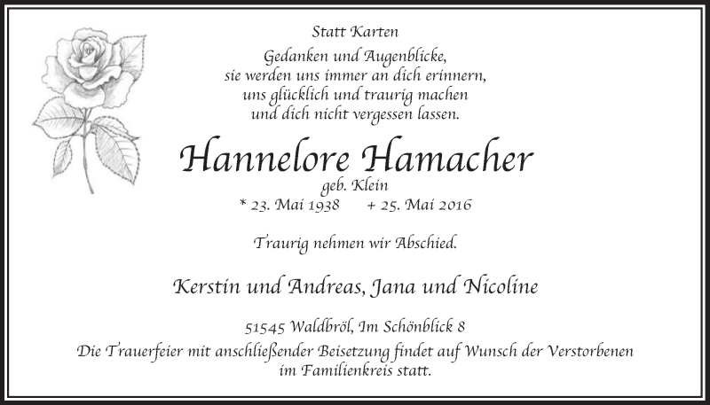  Traueranzeige für Hannelore Hamacher vom 01.06.2016 aus  Lokalanzeiger 