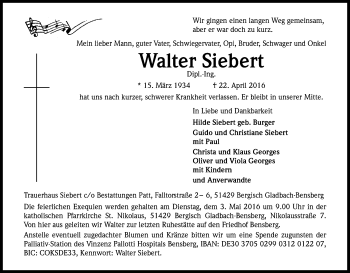Anzeige von Walter Siebert von Kölner Stadt-Anzeiger / Kölnische Rundschau / Express