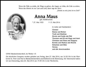 Anzeige von Anna Maus von Kölner Stadt-Anzeiger / Kölnische Rundschau / Express