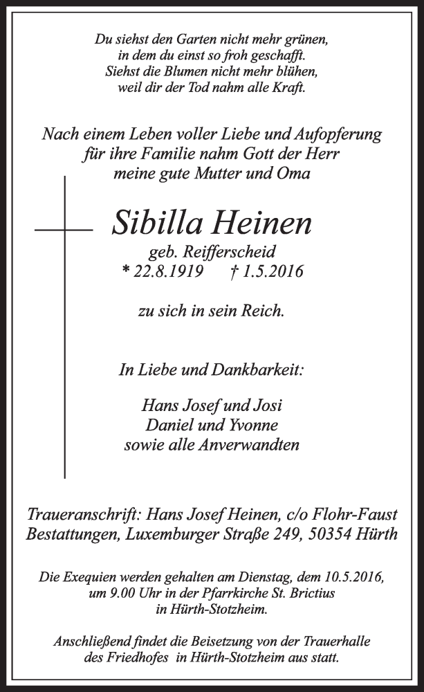  Traueranzeige für Sibilla Heinen vom 07.05.2016 aus  Sonntags-Post 