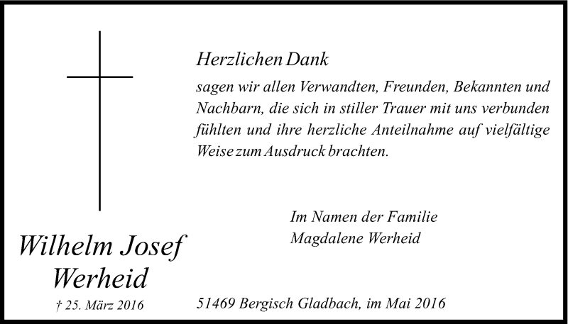  Traueranzeige für Wilhelm Josef Werheid vom 07.05.2016 aus Kölner Stadt-Anzeiger / Kölnische Rundschau / Express